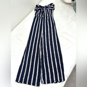 blue striped strapless jumpsuit